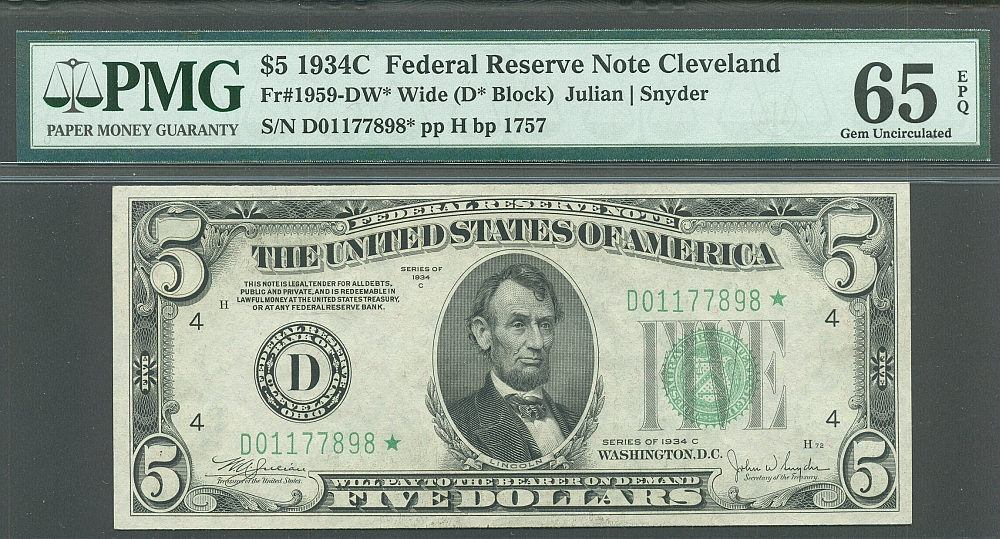 Fr.1959-D*(W), 1934C $5 FRN (Wide Face) Cleveland Star Note, PMG65-EPQ, D01177898*